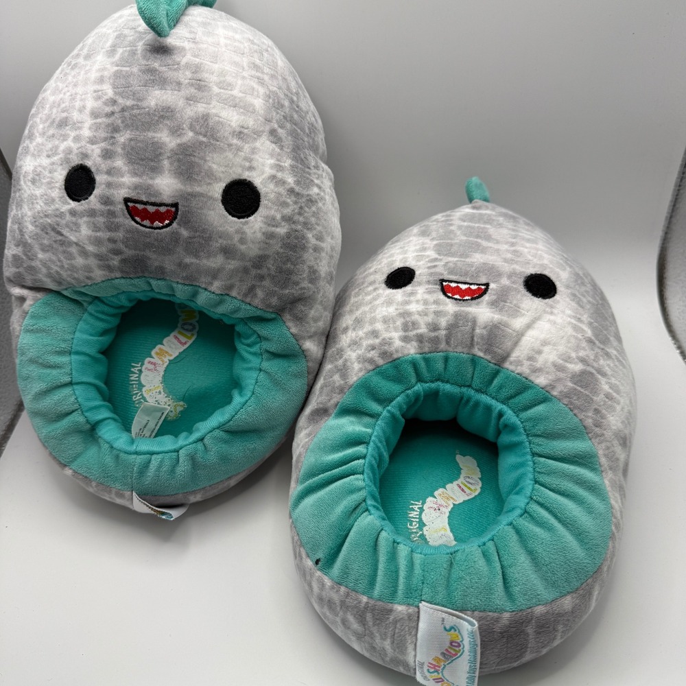 Squishmallows Chuey the Dinosaur Plush Slippers Grey Teal Kids Size 6-7